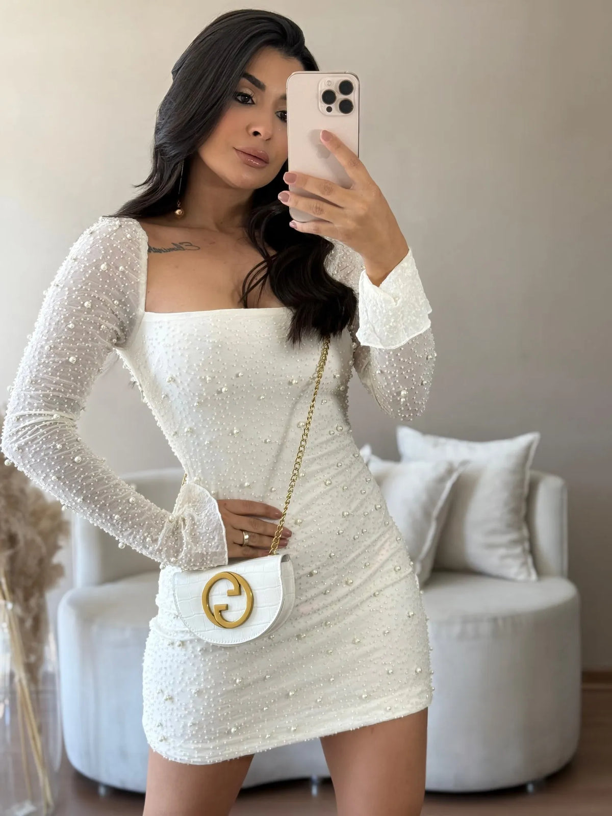 Vestido pérolas Celina Off white